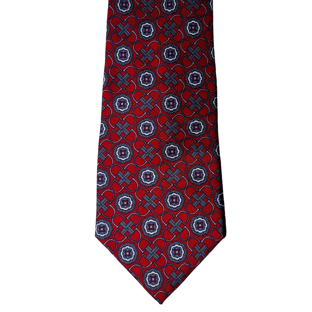 Christian Dior Silk Tie Mens 3.5"x 56"  Red Navy Blue Geometric Medallion‎ Italy